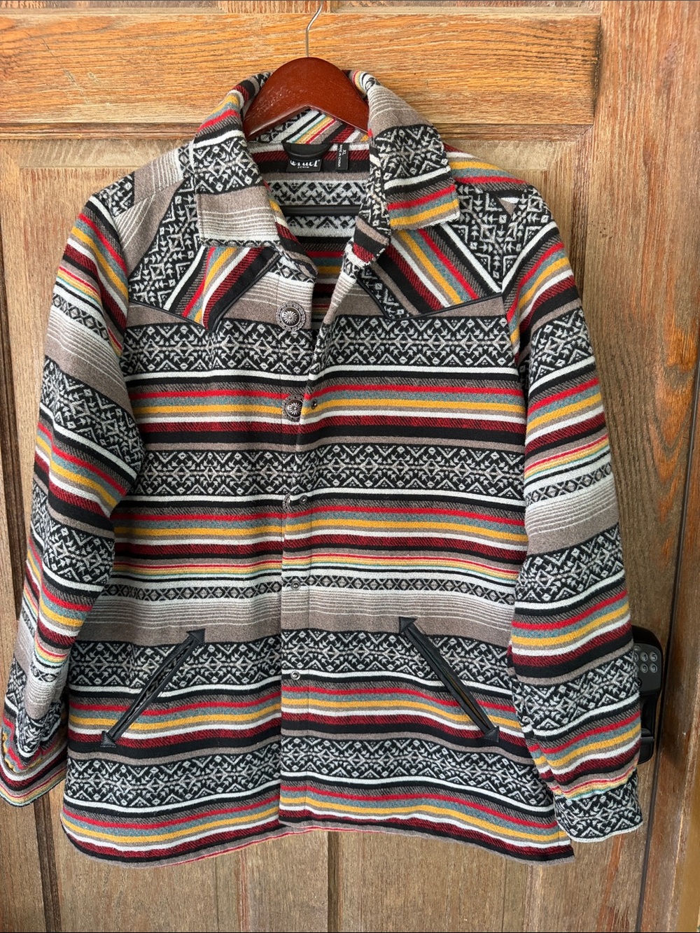 Women’s Striped Aztec-Pattern Pea Coat in Black and  Gray Sz XL